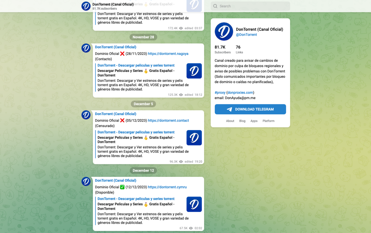 Les utilisateurs de DonTorrent doivent régulièrement visiter le canal Telegram du site pour se tenir au courant de son nom de domaine © Capture d'écran Clubic.com