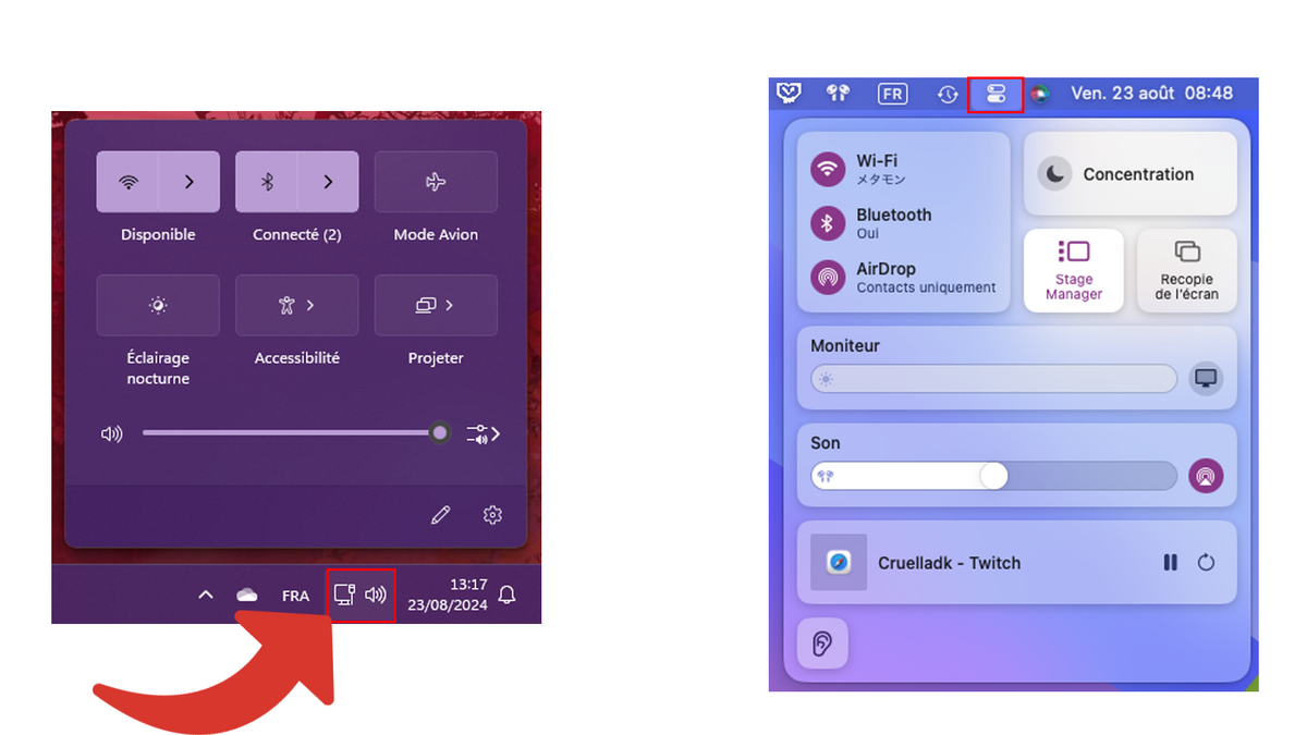 À gauche, l'icône des réglages réseau sur Windows - À droite, le Centre de contrôle sur macOS © Clubic