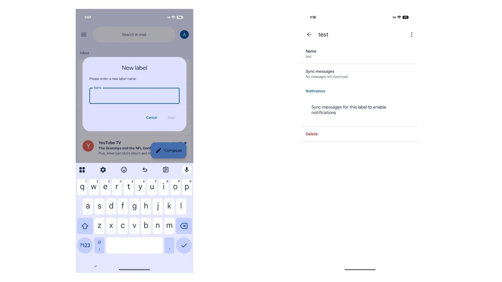 La création et la suppression de libellés arrivent sur Gmail pour Android. ©Google / 9To5Google