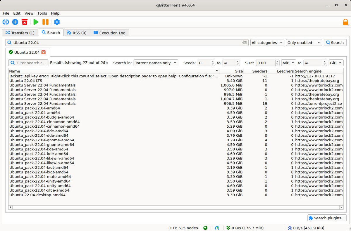 Recherche de torrents Ubuntu via le moteur intégré de qBittorrent. - © qBittorrent