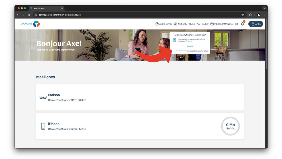 Cliquez sur l'encart promotionnel pour profiter des 12 mois Perplexity Pro offerts par Bouygues Telecom © Axel Reghis | Bougyes Telecom