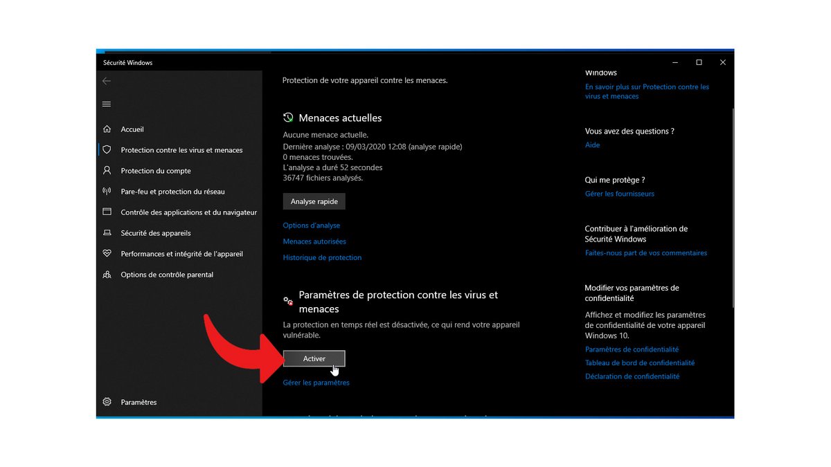 Activer Microsoft Defender dans les "Paramètres de protection contre les virus et menaces" - Windows 10