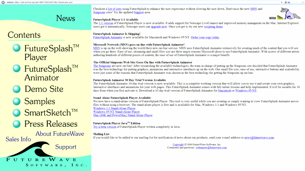 Le site de FutureWave Software en 1996. Les animations sont réalisées et lues à l'aide de FutureSplash.