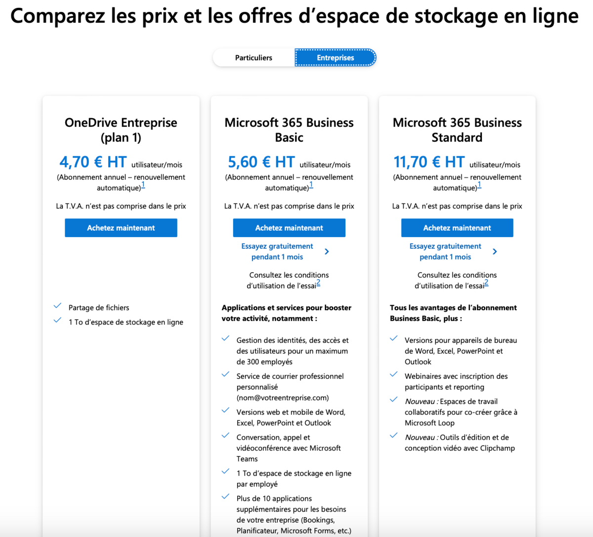 Tarifs OneDrive pour les entreprises