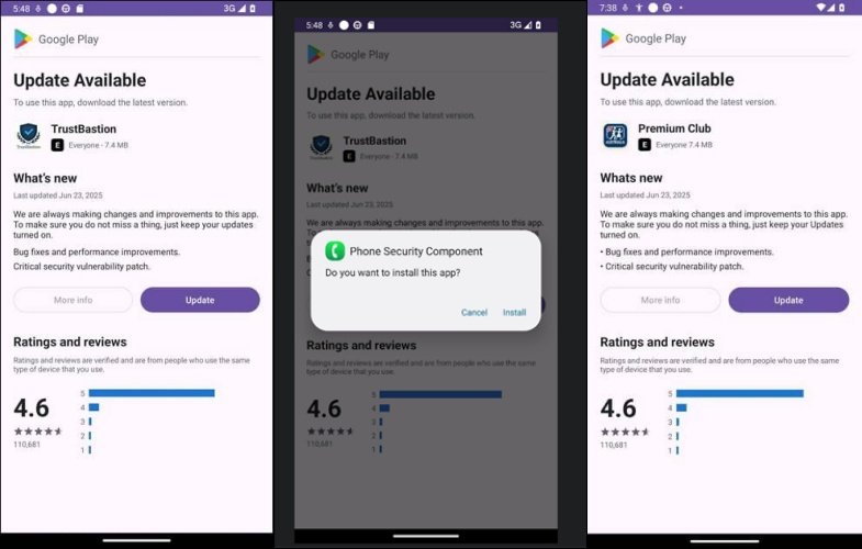 Fausse interface de mise à jour de TrustBastion (et de sa variante Premium Club), téléchargeant un fichier APK contenu la charge utile finale. © Bitdefender