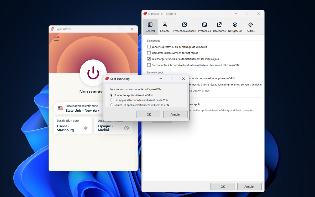 ExpressVPN - Les réglages du split tunneling. © Clubic