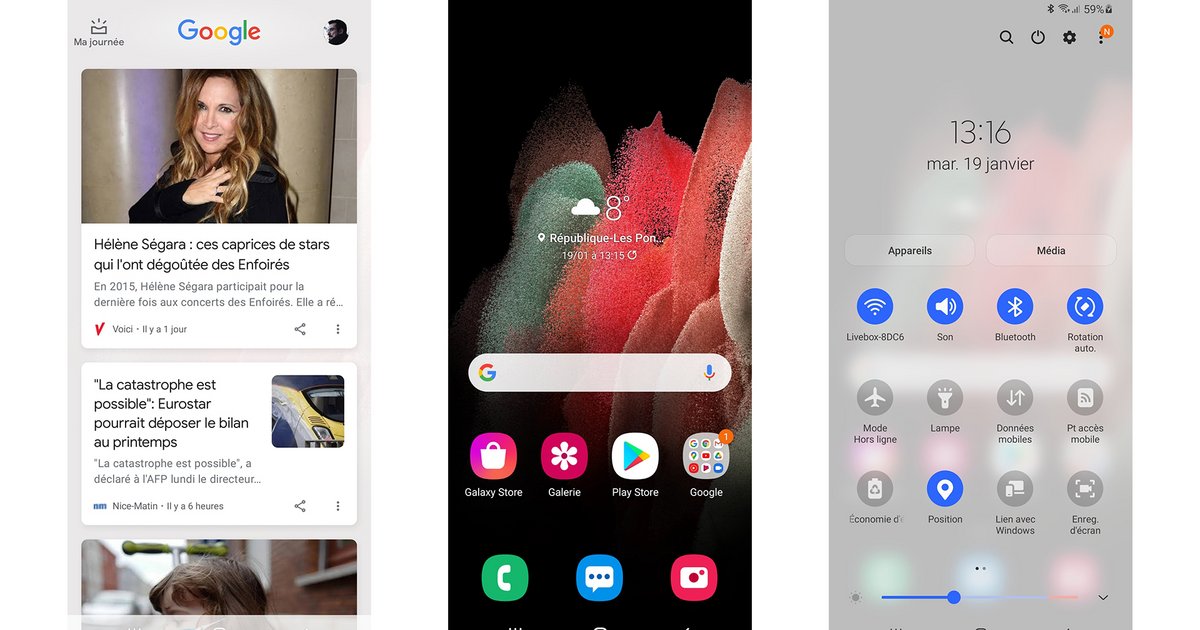 iOS 15 à gauche, Android 11 + One UI à droite.