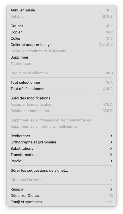 Menu "Édition" de Pages sur Mac © Clubic