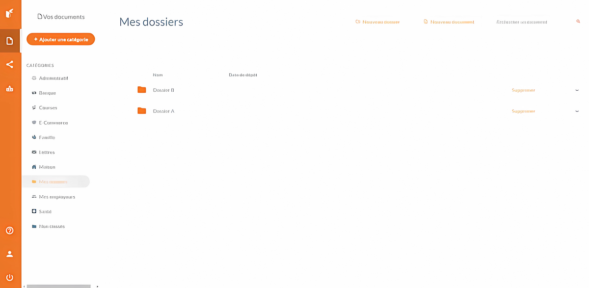 Interface de gestion des dossiers d'eDocPerso, permettant aux utilisateurs d'ajouter des catégories et d'organiser leurs documents selon leurs préférences. © Silae