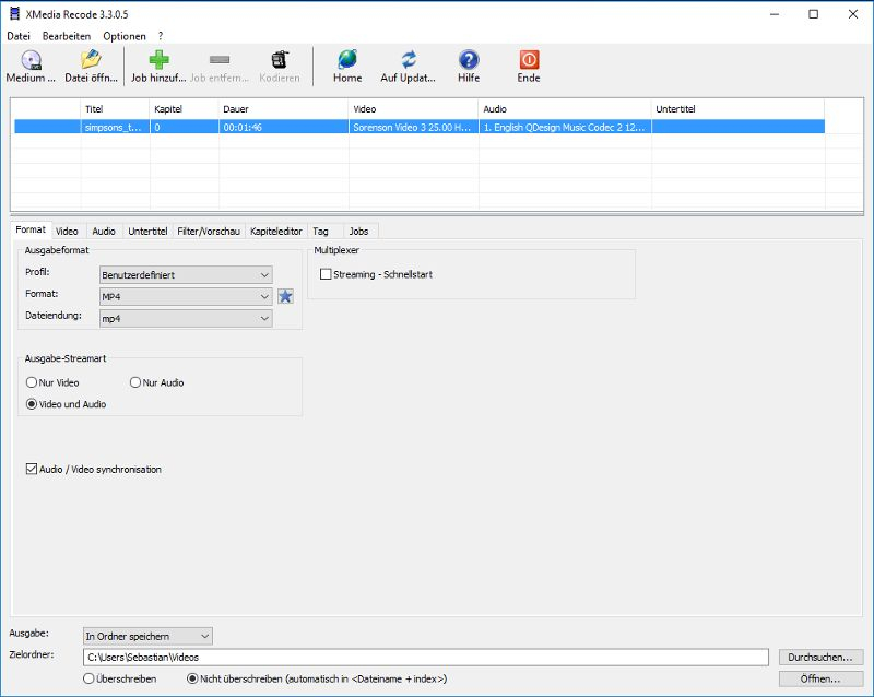 Interface principale de XMedia Recode montrant les options de formatage et le panneau de configuration des profils de sortie.