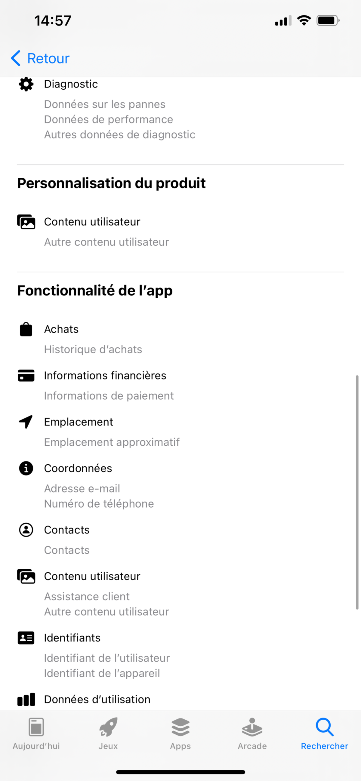 La politique de confidentialité de WhatsApp. Capture d'écran App Store.