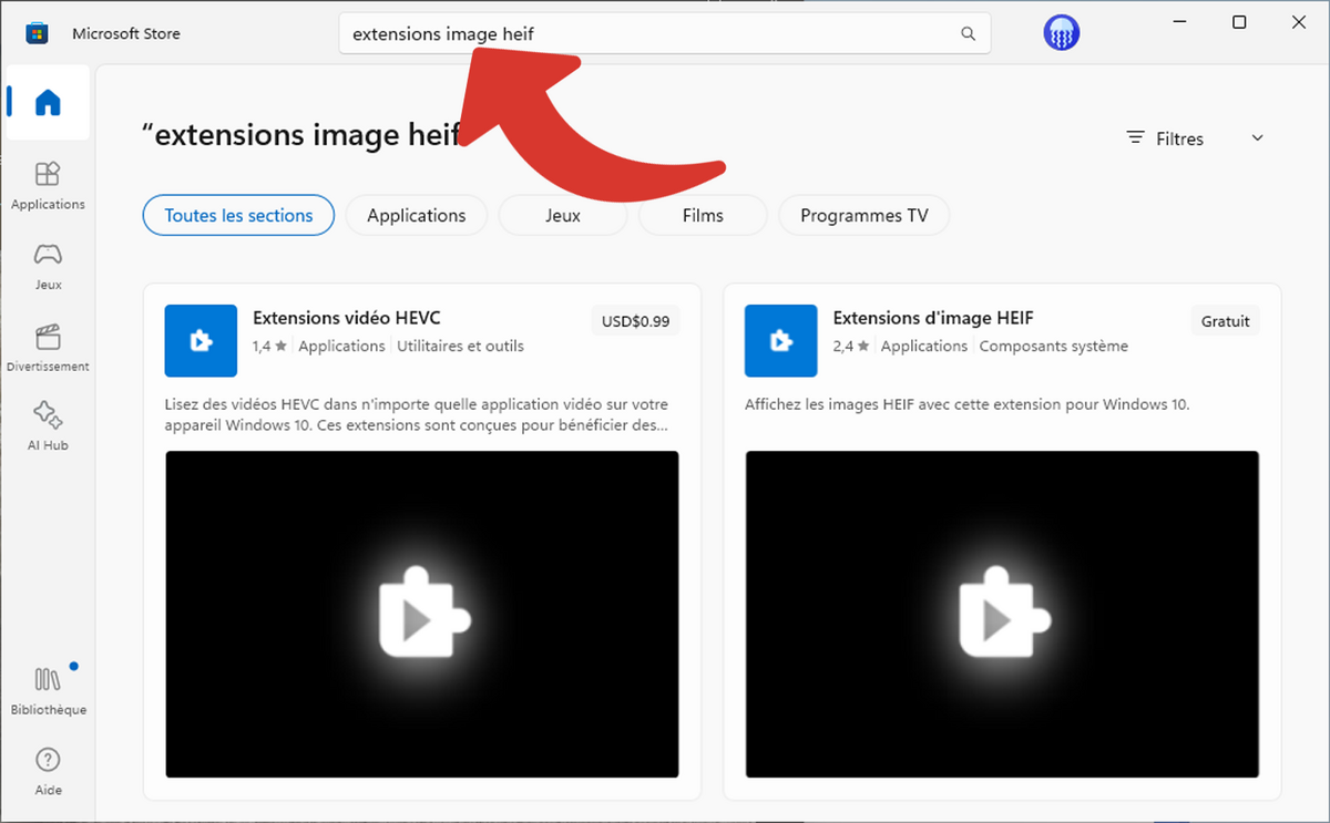 Recherche "Extensions image HEIF" dans le Microsoft Store © Clubic