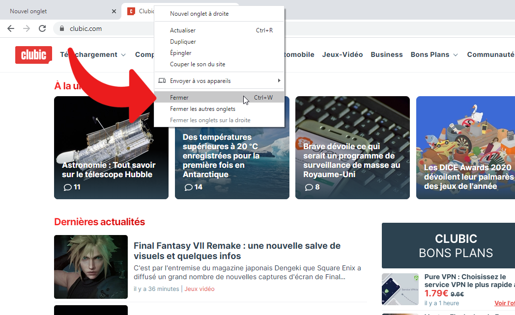 fermer onglet chrome