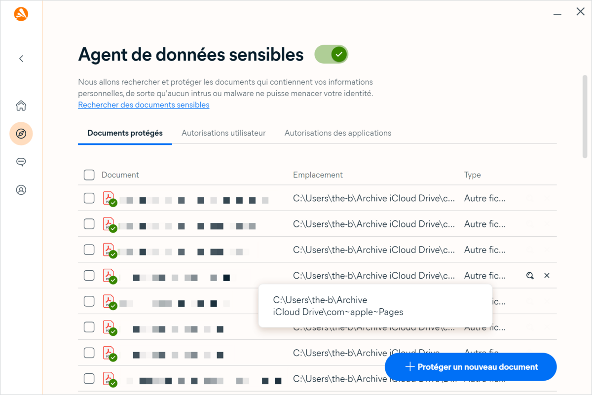 Avast One - Agent de données sensibles