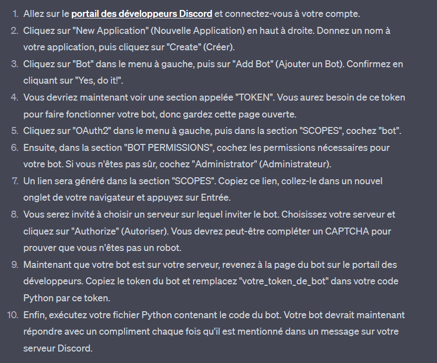 Les étapes pour créer le bot via l'interface développeur de Discord