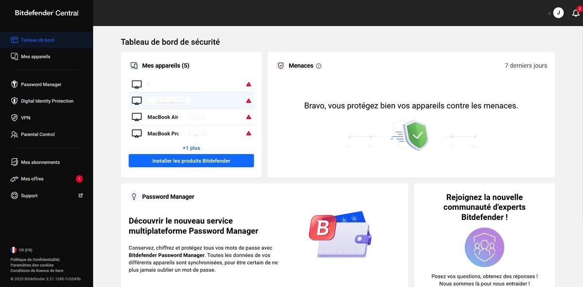 Bitdefender Central - Tableau de bord