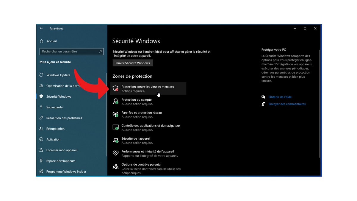 Sélectionnez "Protection contre les virus et menaces" - Windows 10