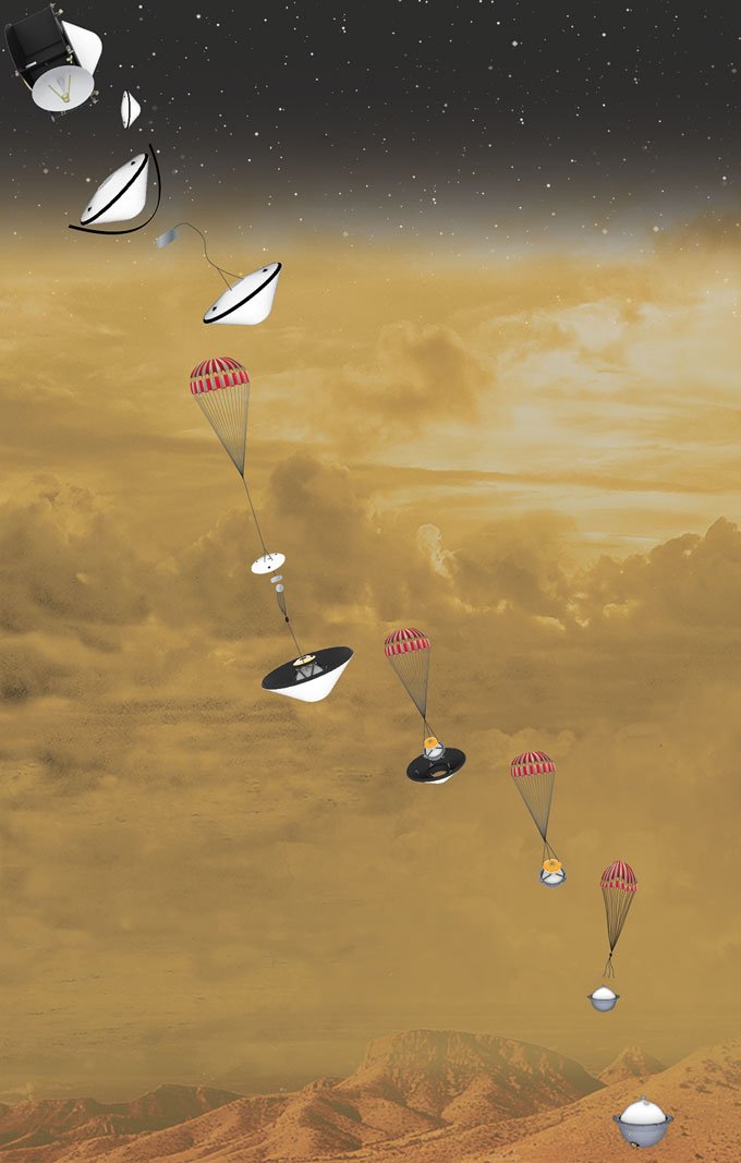 La descente à travers l'épaisse atmosphère acide de Vénus devrait prendre près d'une heure à la sonde DAVINCI+. Outre l'analyse de l'atmosphère, elle devrait pouvoir transmettre des photos en haute résolution prises à basse altitude. © GFCS/NASA