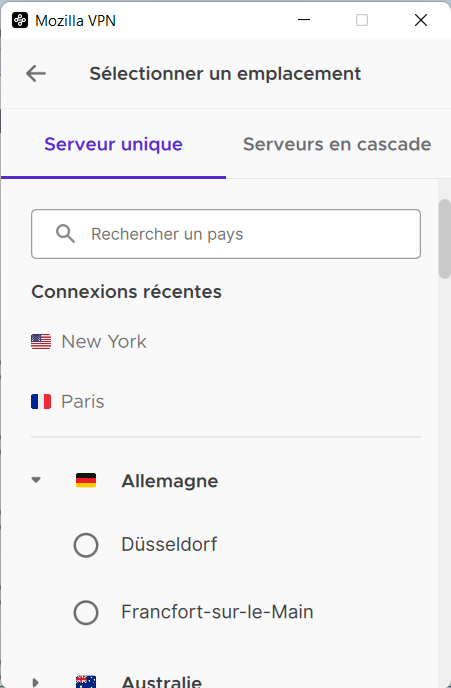 Mozilla VPN - serveurs