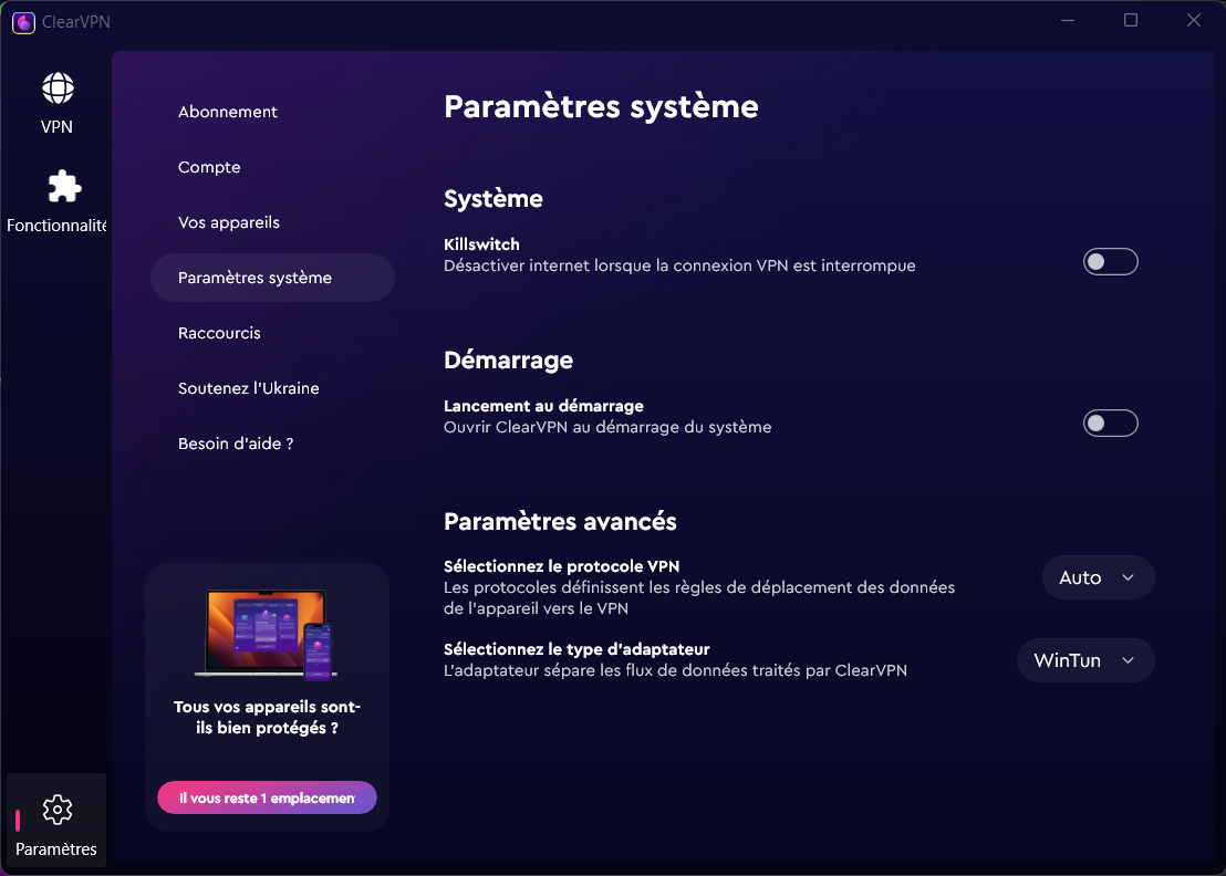 ClearVPN - Les paramètres