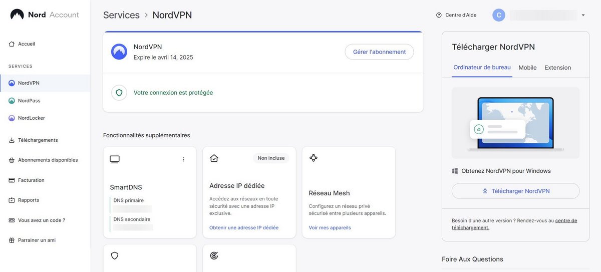 NordVPN -  L'interface web du compte utilisateur