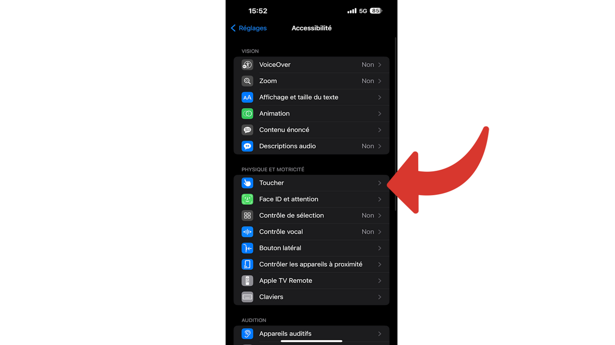 Accédez au menu "Toucher" dans "Physique et motricité"