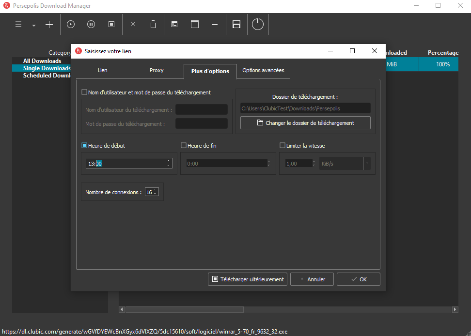 Fenêtre de saisie de lien dans Persepolis, offrant la possibilité de planifier des téléchargements et de régler le nombre de connexions.