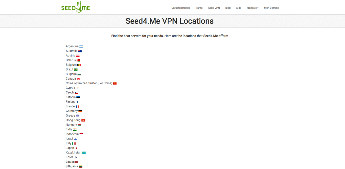 Localisation des serveurs Seed4Me © S4M Tech, Inc.