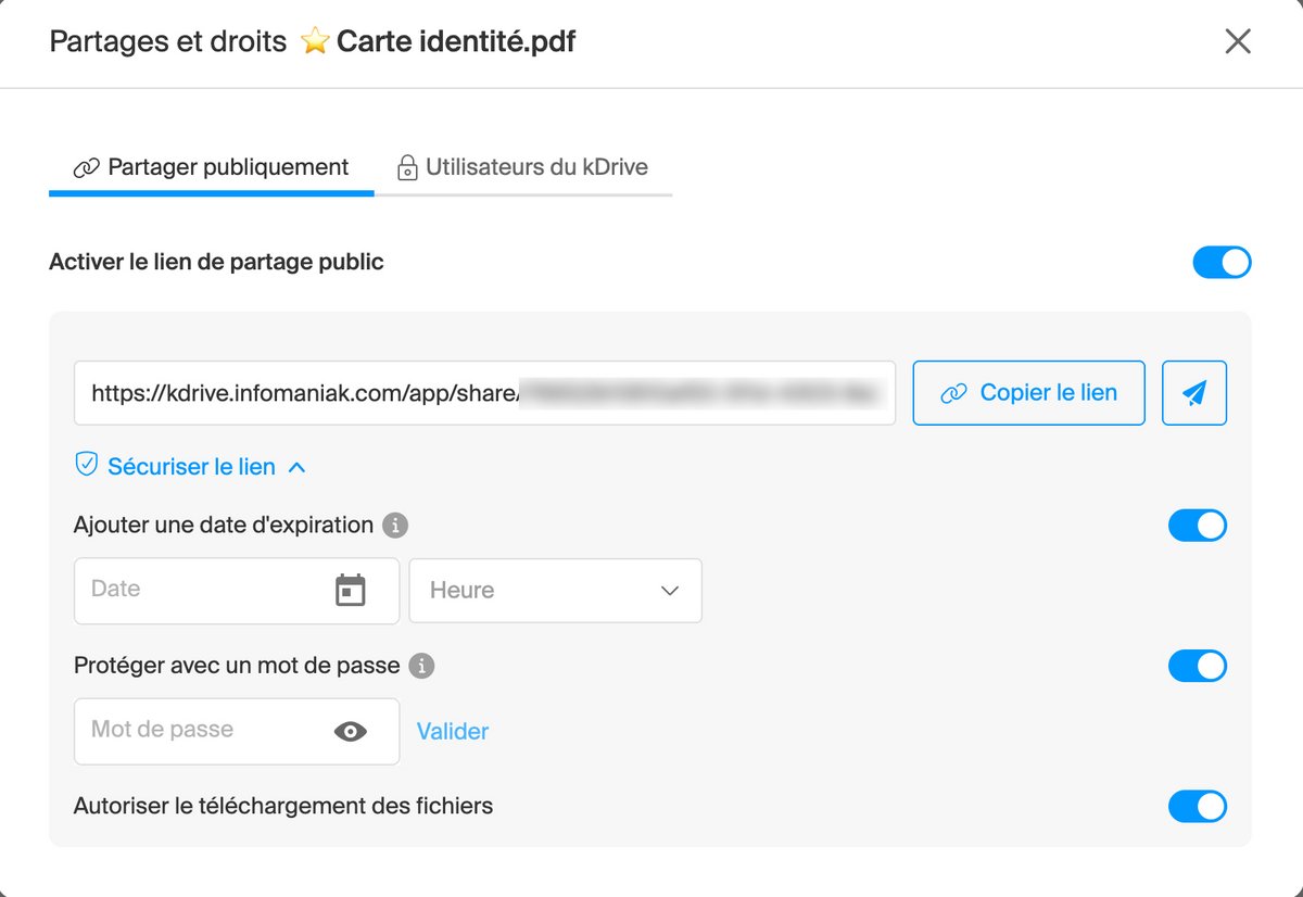 Infomaniak kDrive - Options de partage