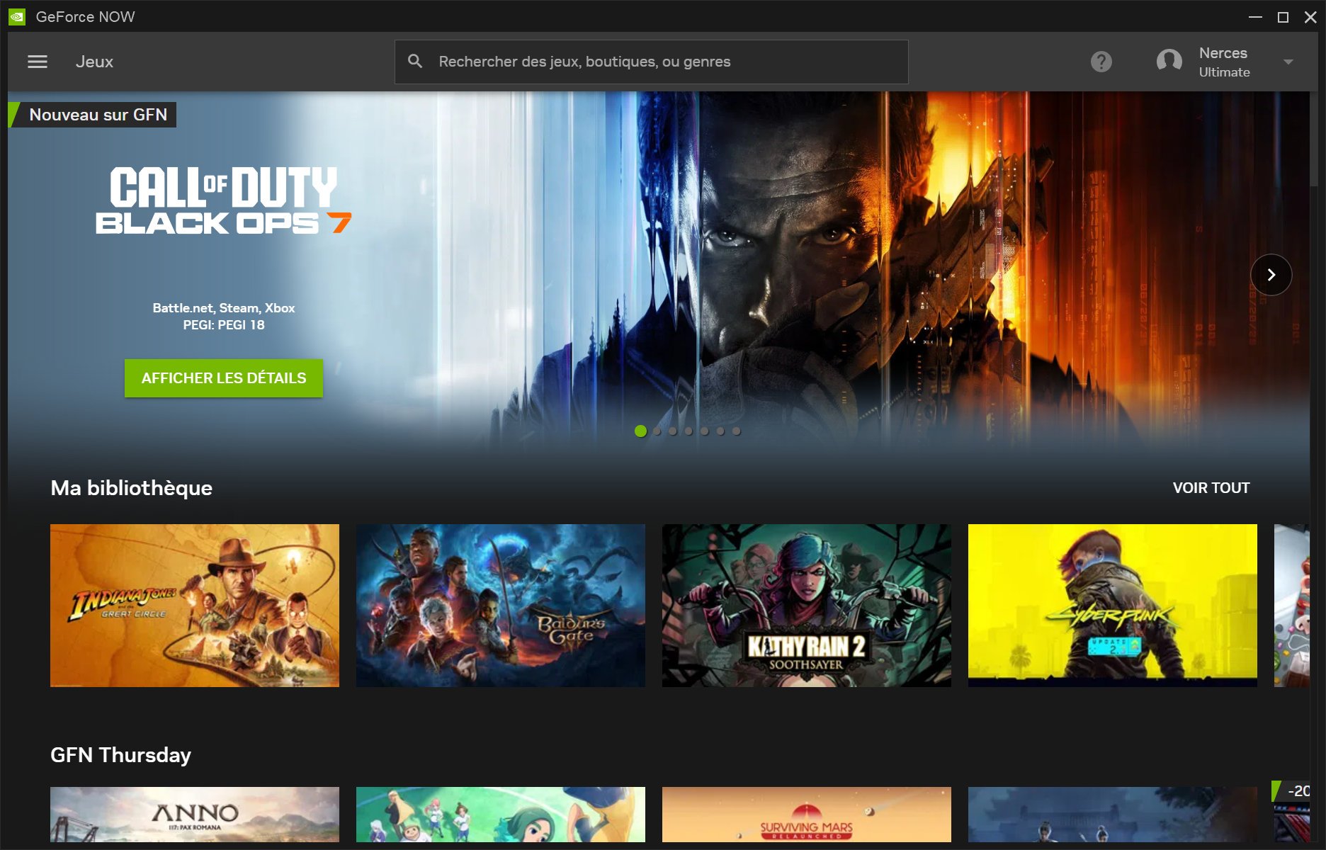 La page d'accueil de GeForce NOW insiste logiquement sur les dernières sorties. ©le Studio Clubic