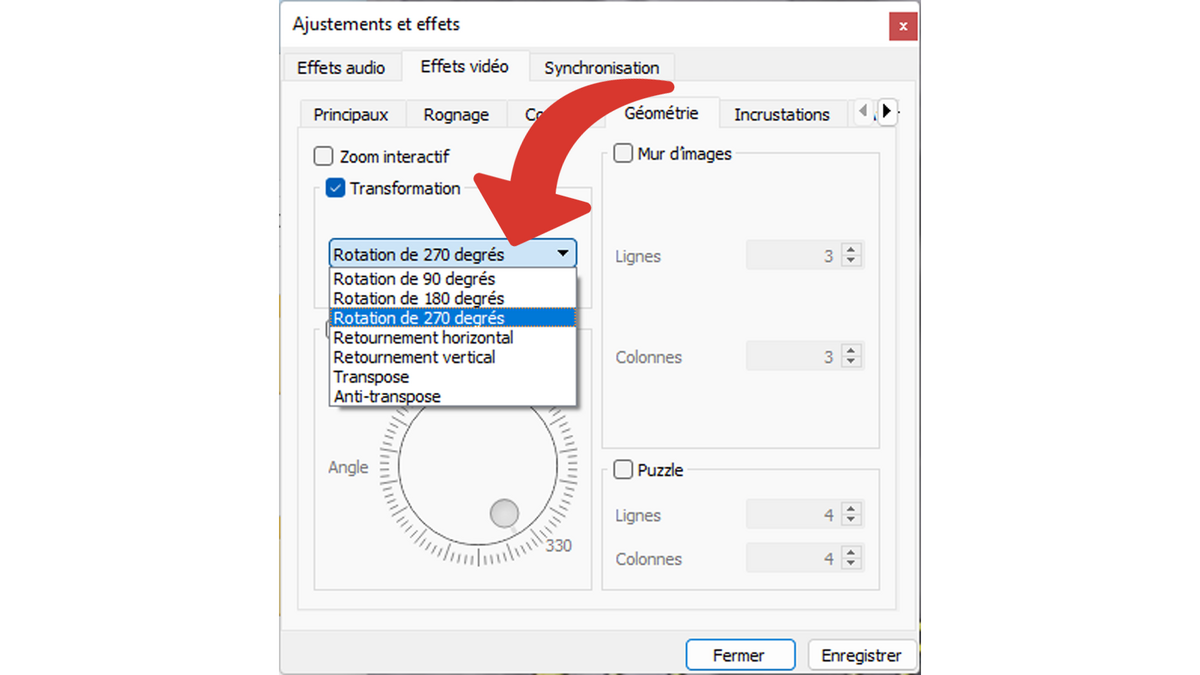 Choisir un type de transformation pour pivoter une vidéo dans VLC © Clubic 