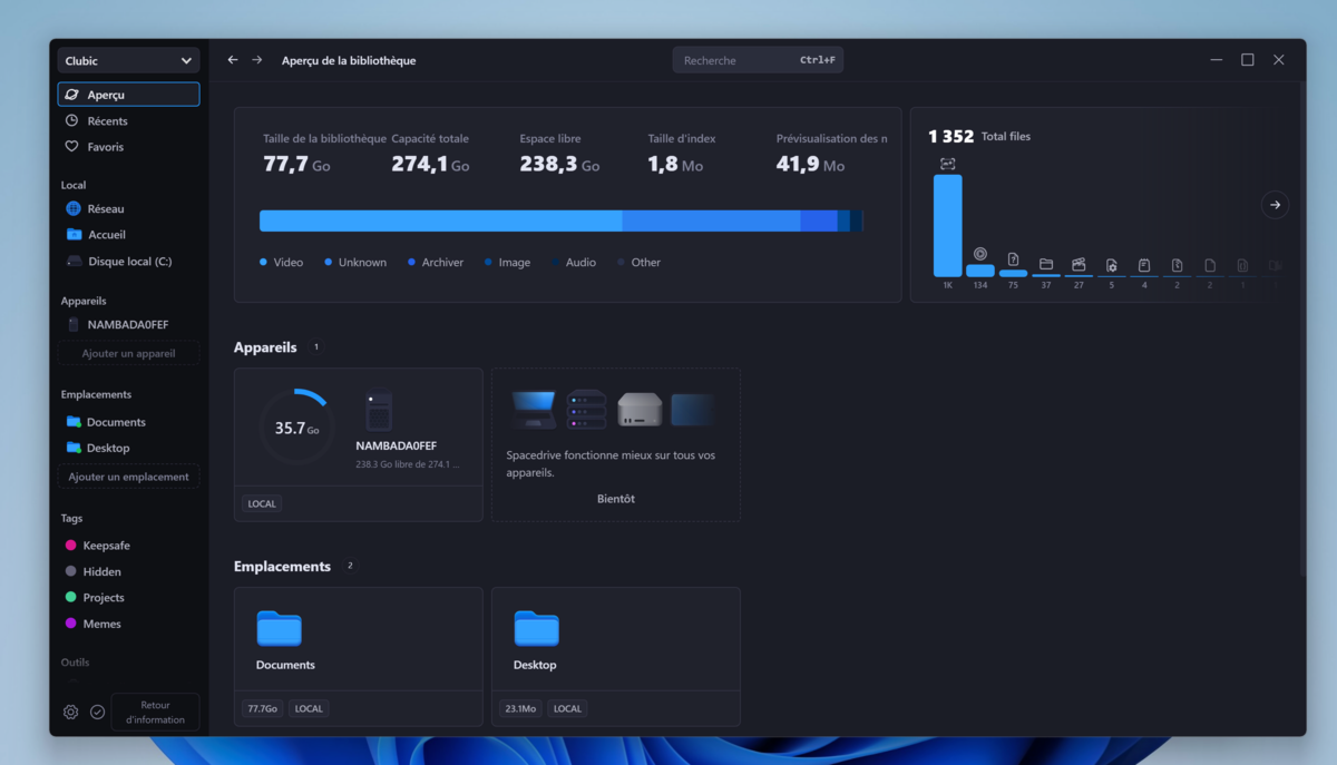 Un aperçu détaillé de la bibliothèque Spacedrive, affichant les statistiques d'utilisation et la répartition des fichiers.