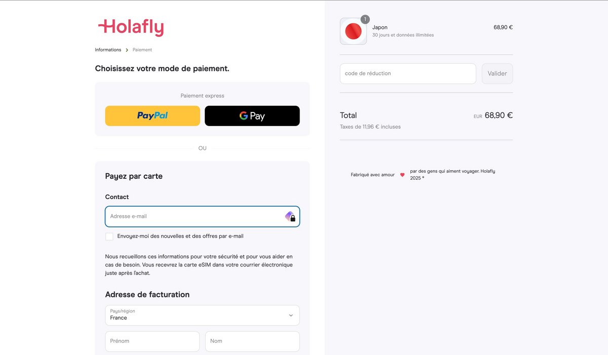 Holafly page de paiement