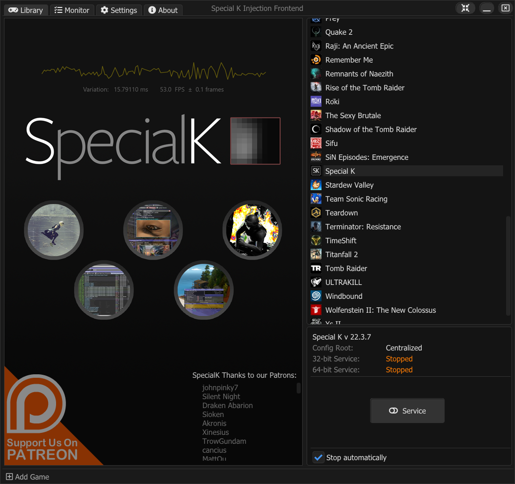 Interface principale de Special K, affichant une sélection de jeux optimisés et des mesures de performance en temps réel. © Special K