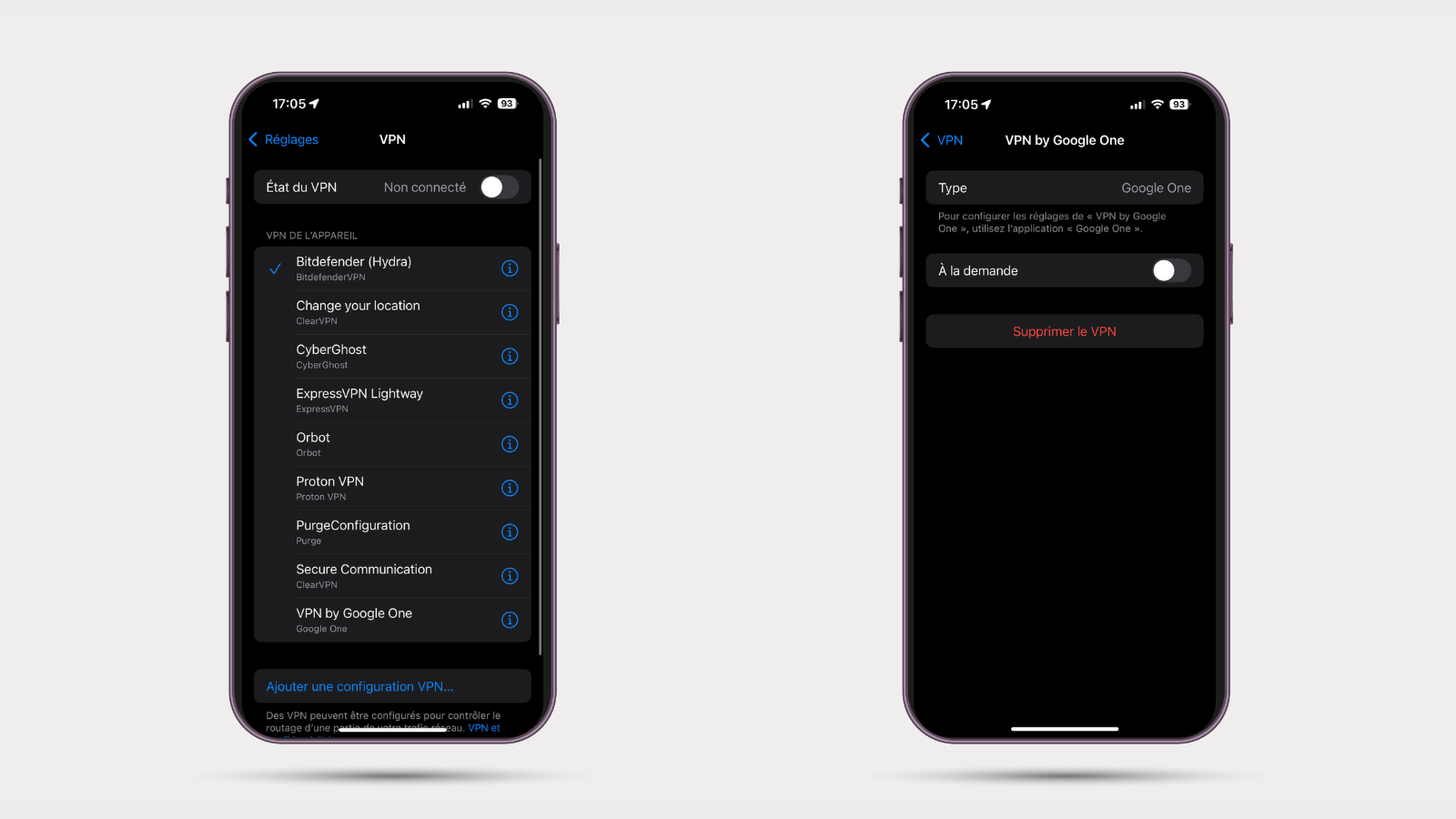 Exemple de suppression d'une configuration VPN dans iOS - © Clubic