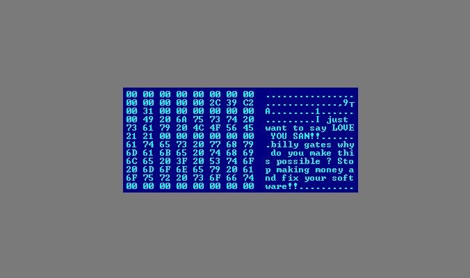 Blaster paralyse les machines infectés et diffuse un message personnel pour Bill Gates. © Darling / Wikipedia