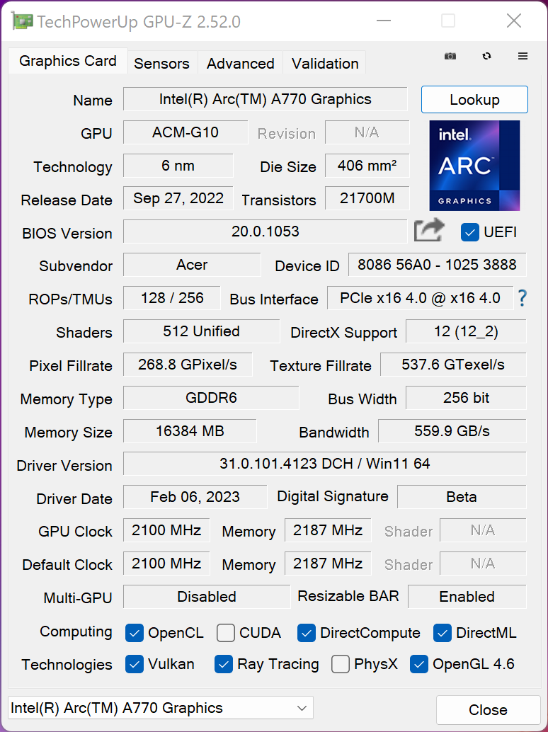 Intel ARC A750 LE et Acer ARC A770 OC