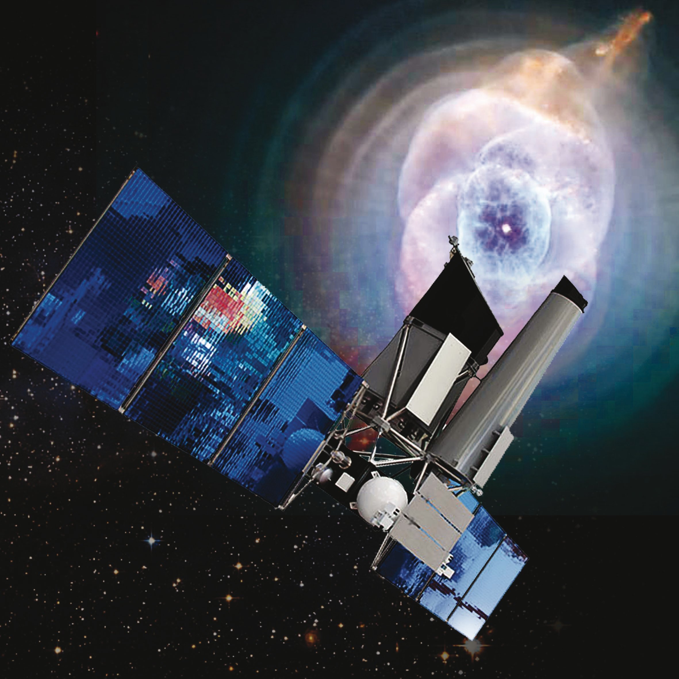 Vue d'artiste du télescope Spektr-RG et de ses deux instruments ART-XC et eROSITA