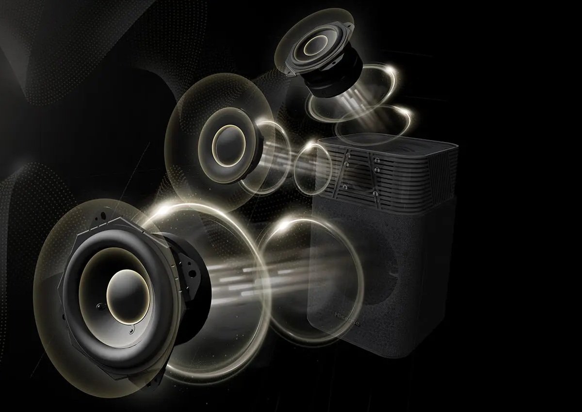 Sur le papier, les quatre modules ont un haut-parleur Atmos. ©Hisense