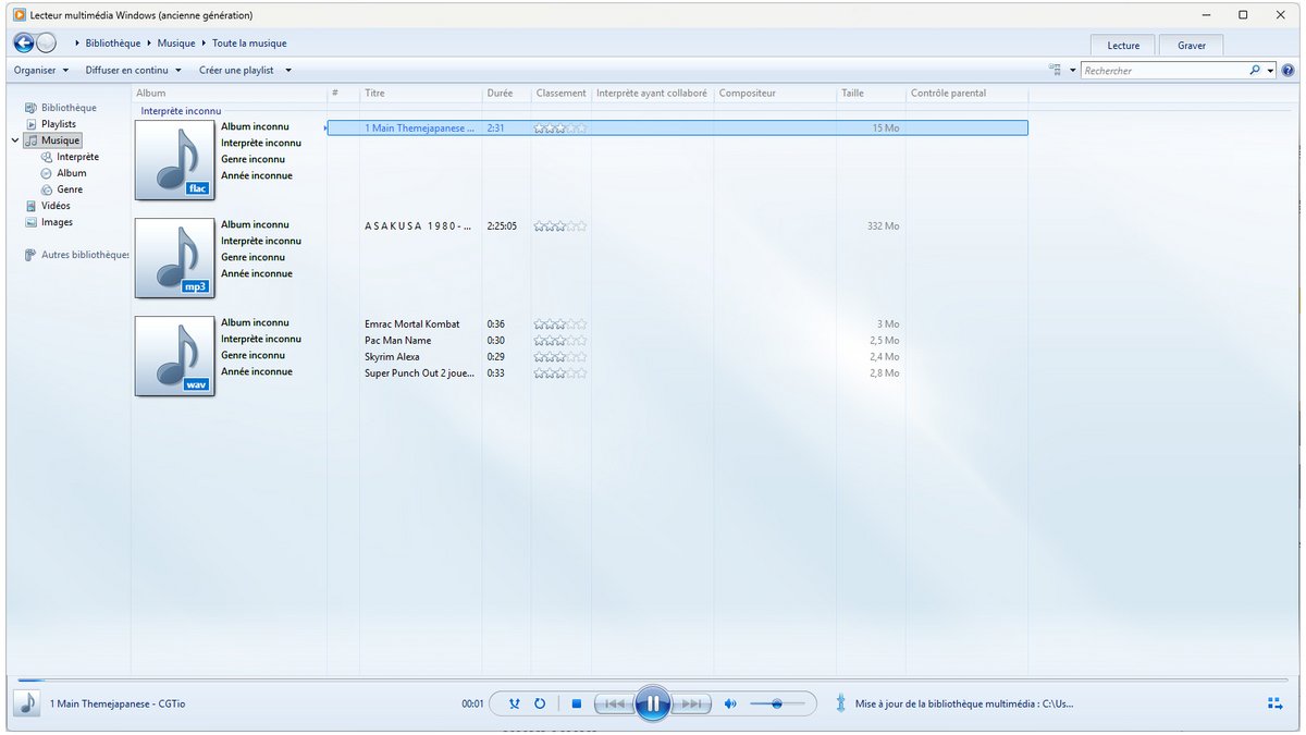 La version marquante Windows Media Player 12 (fourni avec Windows 7) a ajouté le support H.264/AAC et la lecture HD. Aujourd’hui, elle reste disponible sous le nom « Windows Media Player Legacy » sur les versions récentes de Windows pour ceux qui apprécient son interface classique - © Microsoft