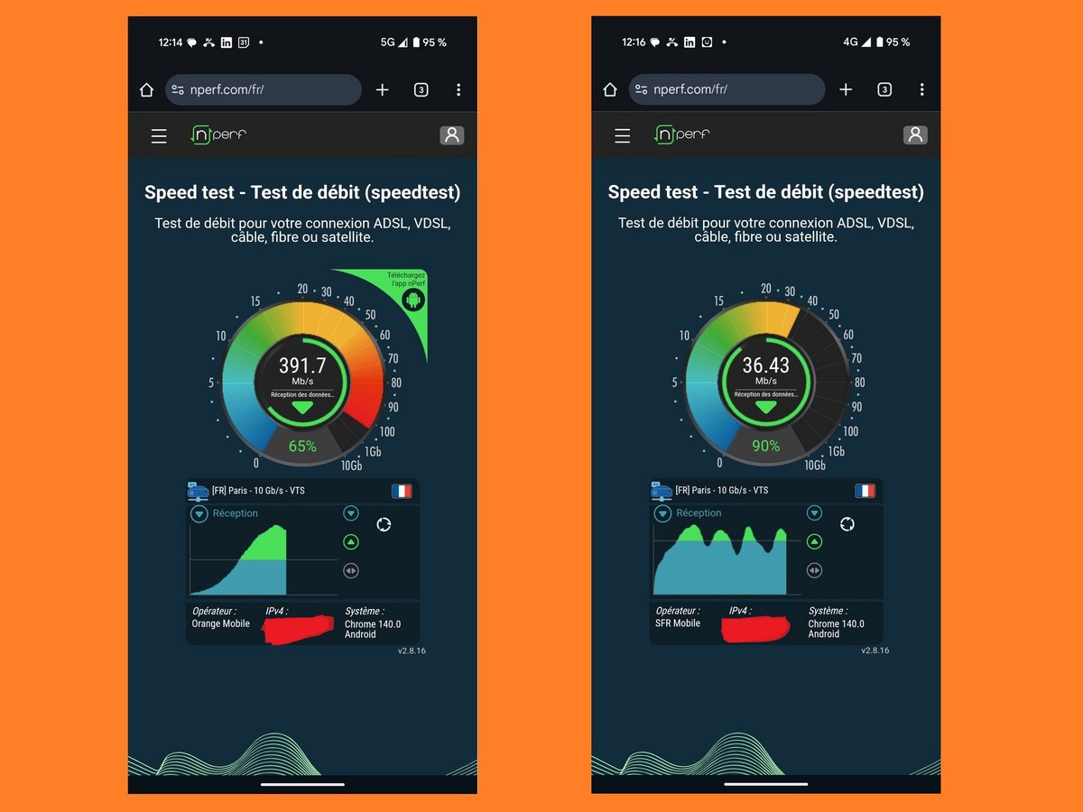 À gauche, mon test avec l'eSIM Orange ; à droite, celui avec ma SIM SFR © Alexandre Boero / Clubic