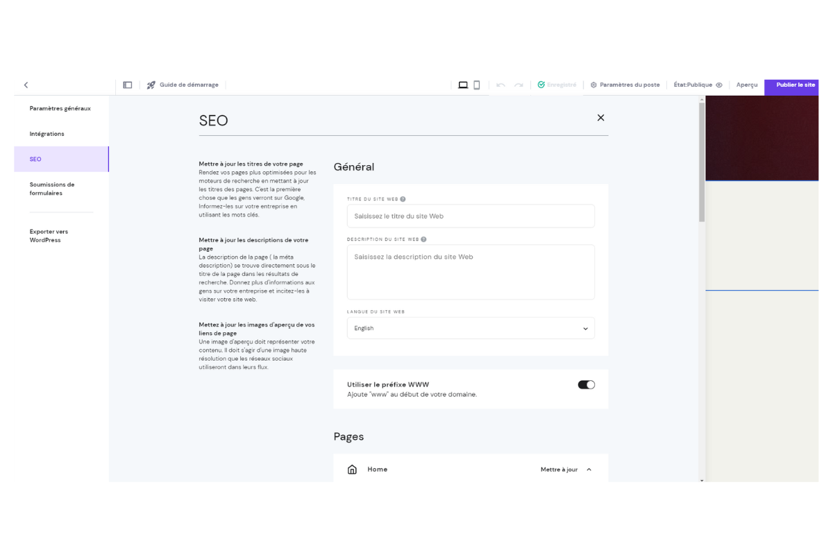 Créateur de sites web Hostinger - Modification des paramètres de référencement