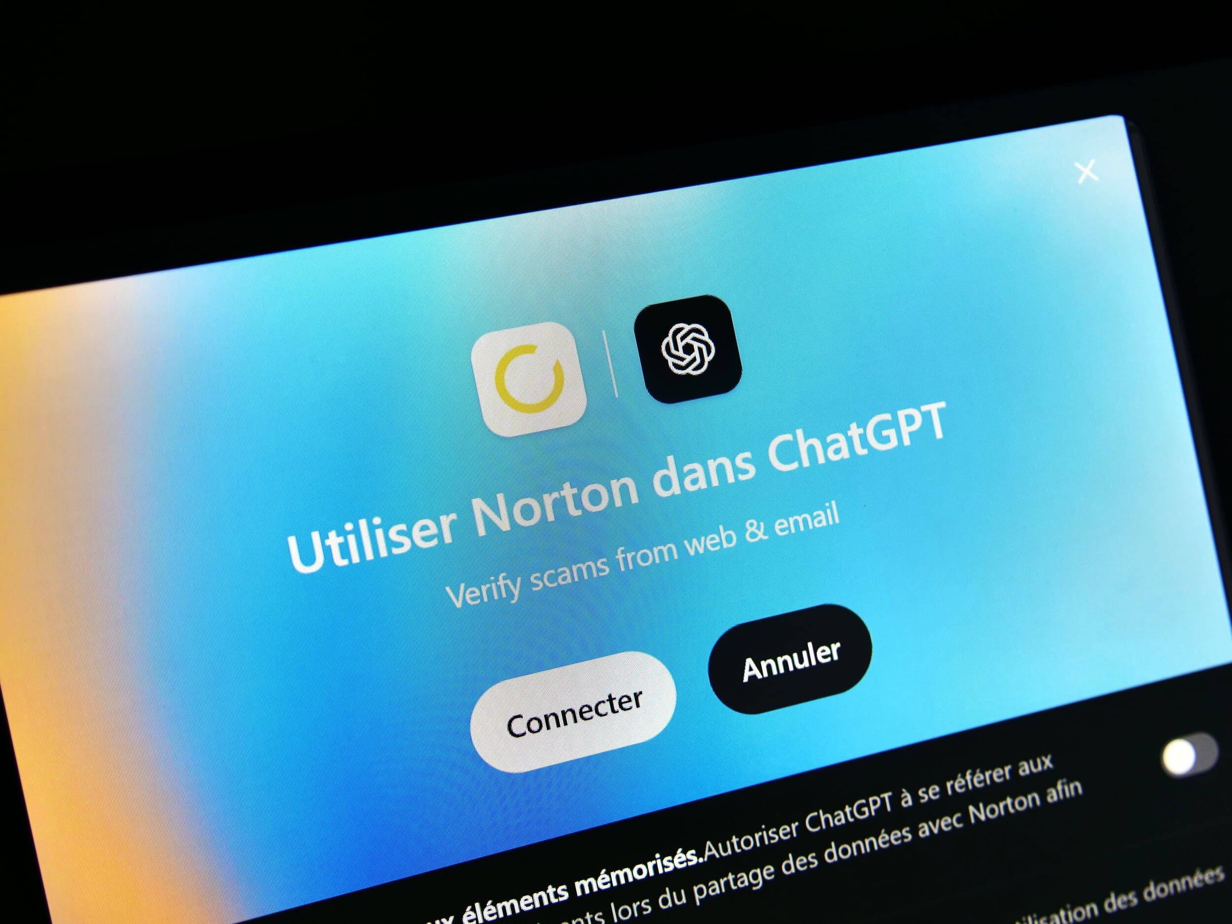 Affichage pour connecter Norton et ChatGPT. © Alexandre Boero / Clubic