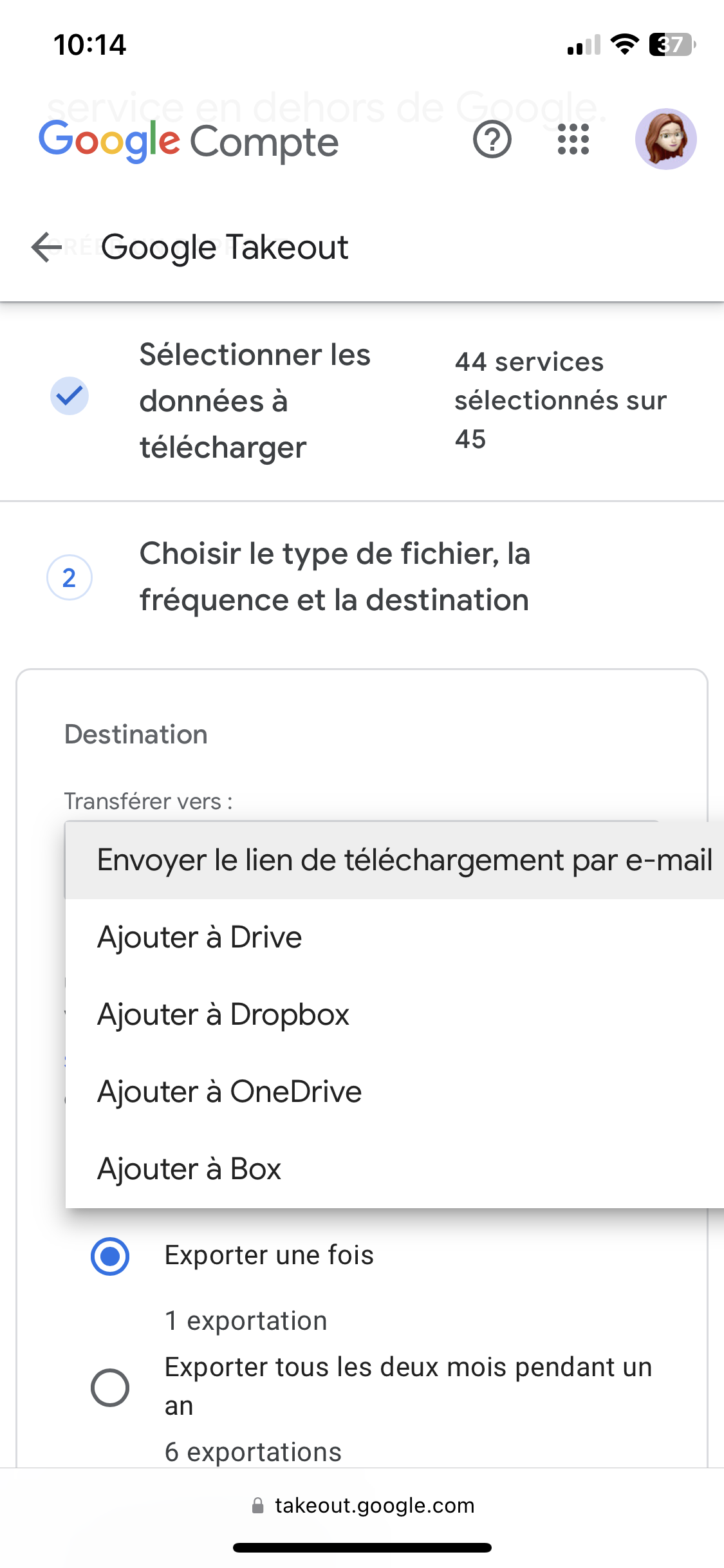 Google Takeout - réglages de l'archive