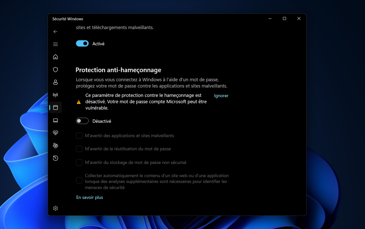 Un simple redémarrage du système pouvait suffire à désactiver la protection anti-phishing dans Windows 11 © Clubic