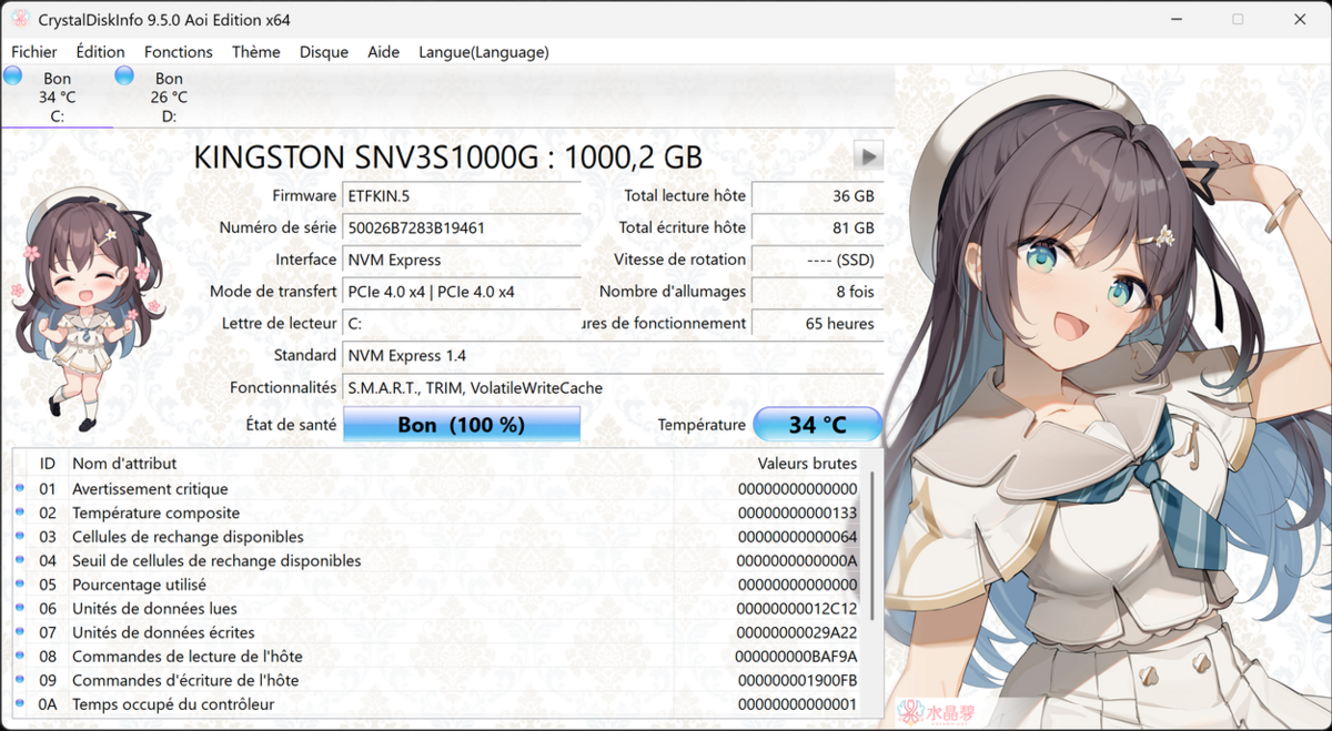 CrystalDiskInfo nous dit tout du SSD Kingston NV3 de 1 To. ©Le Studio Clubic