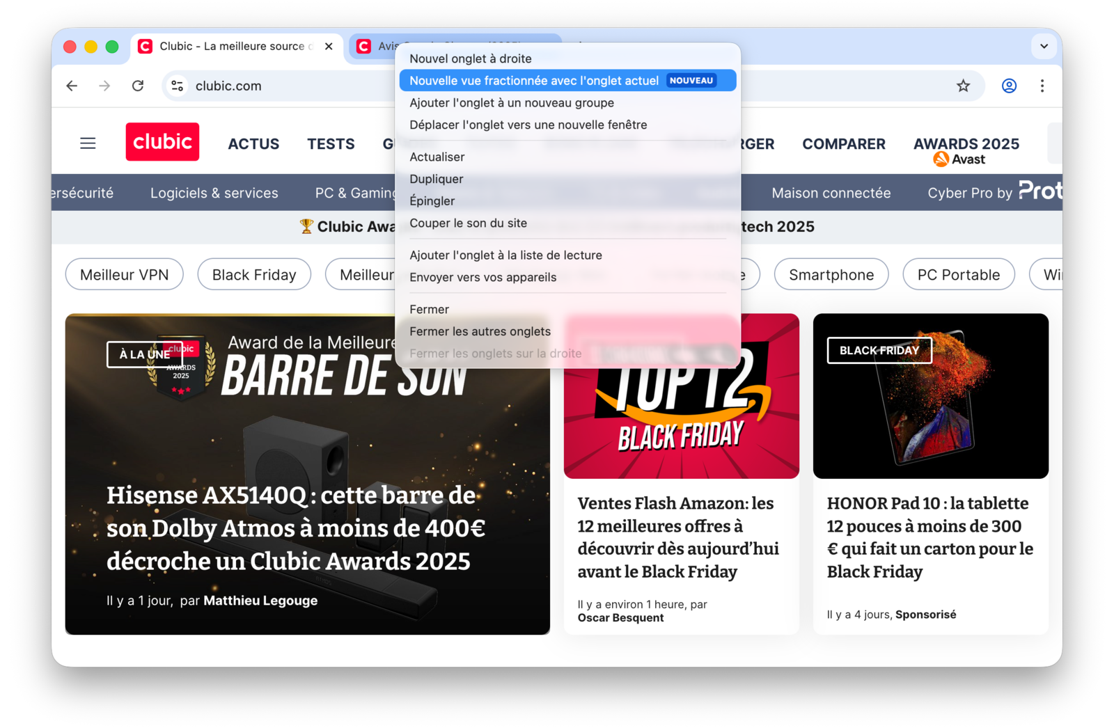 Google Chrome vue fractionnée split view