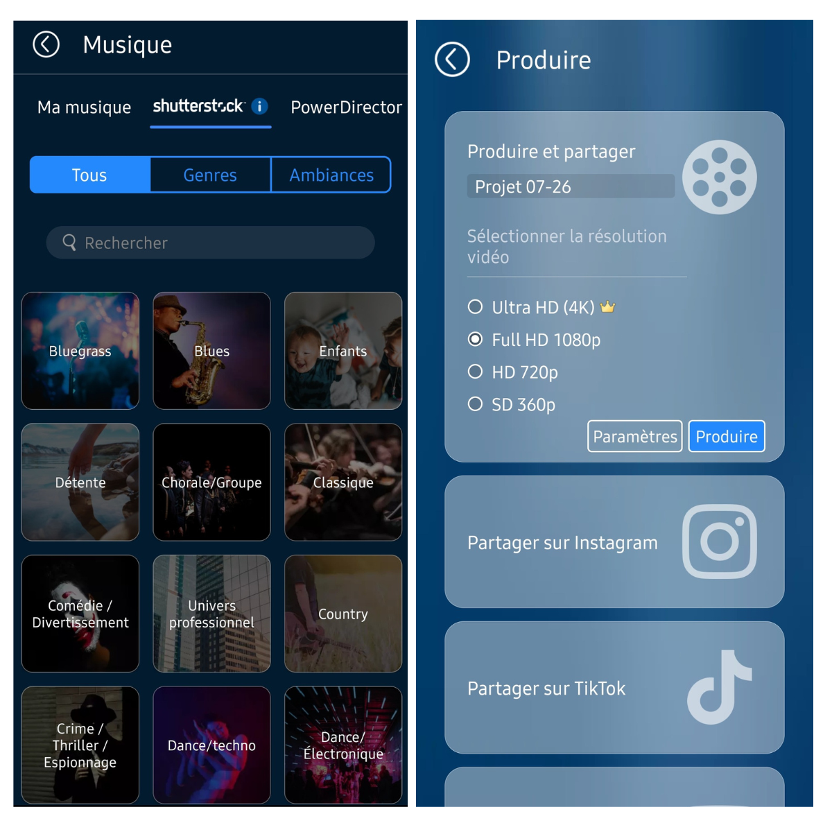 PowerDirector offre une vaste bibliothèque de musiques classées par genres et ambiances, facilitant la personnalisation sonore des projets vidéo.