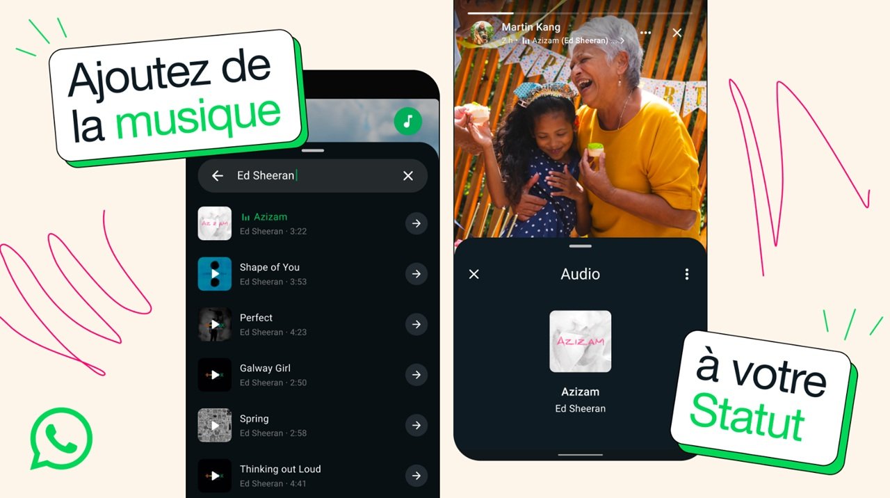 WhatsApp va proposer un catalogue musical varié pour animer vos statuts - Capture d'écran © Meta / Mélina Loupia pour Clubic